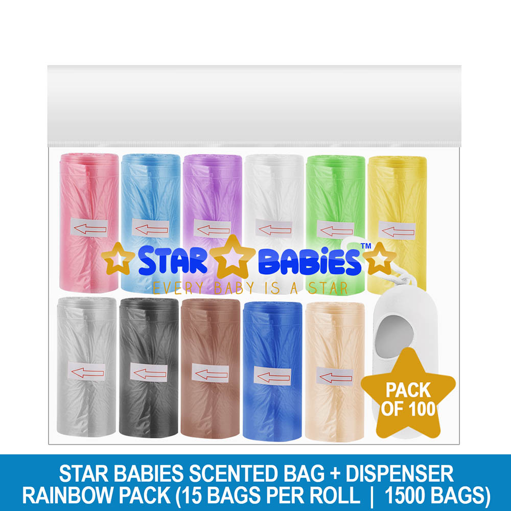 Star Babies - Scented Nappy Bag - Pack Of 100 - 22 x 32cm With Dispenser - Rainbow