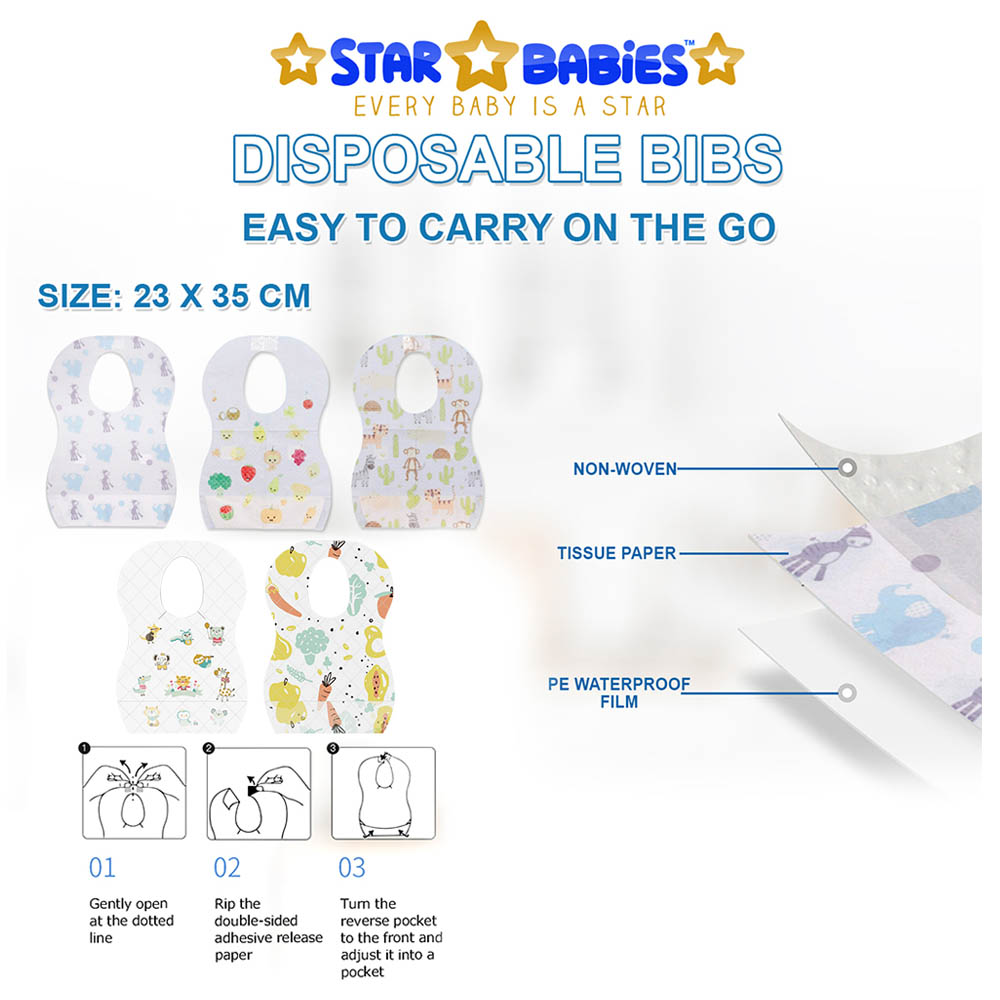 Star Babies - Disposable Bibs Animal Print 5pcs With Scented Bag 2pcs & Dispenser - White