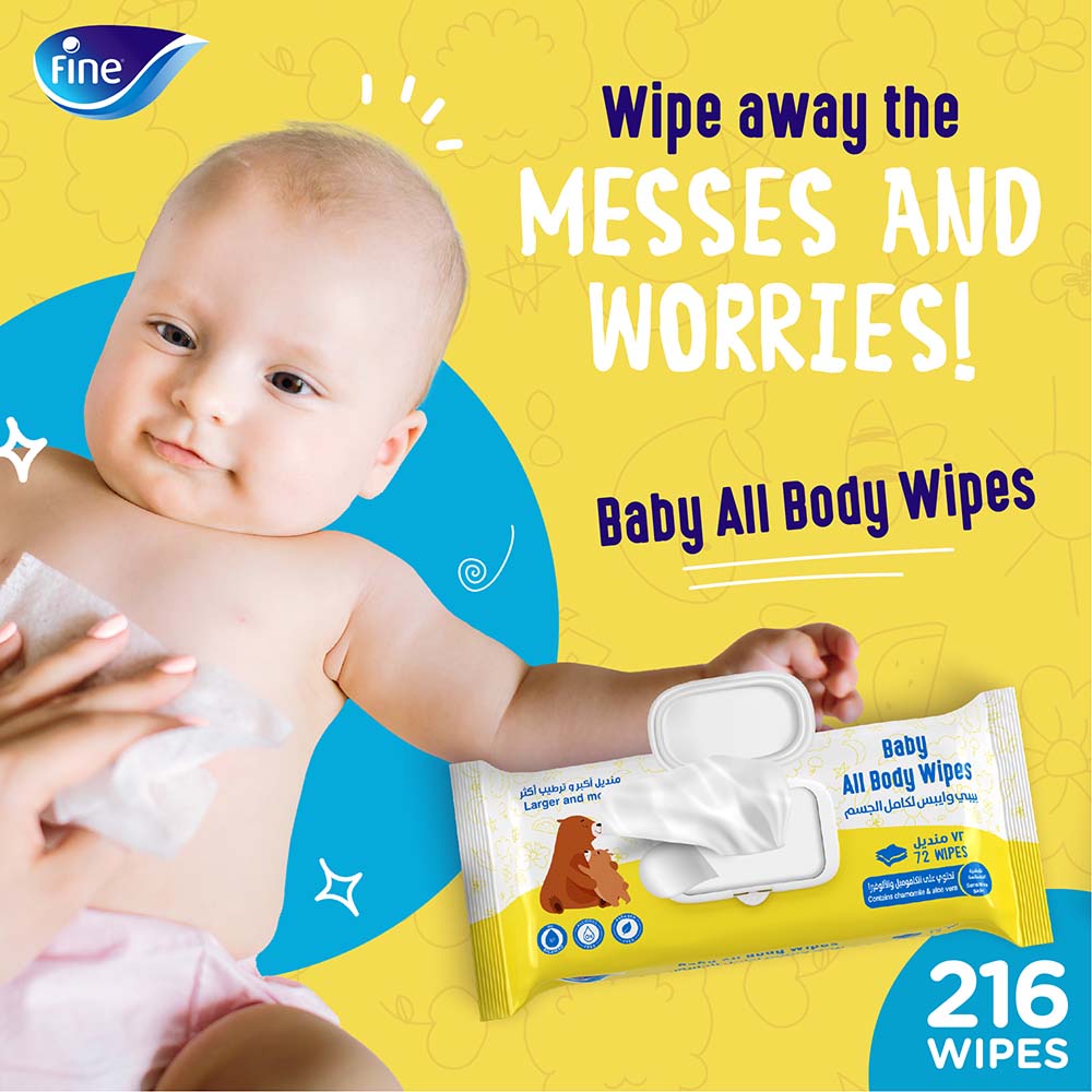 Fine - Baby All Body Wipes - Chamomile And Aloe Vera - Pack of 3 - 216pcs