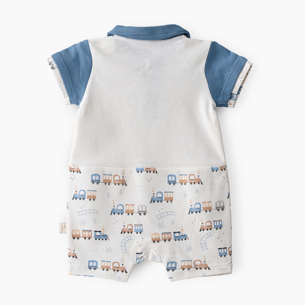 Elegant Kids - Boys' Choo Choo Train Printed Cotton Romper With Polo Collar - White