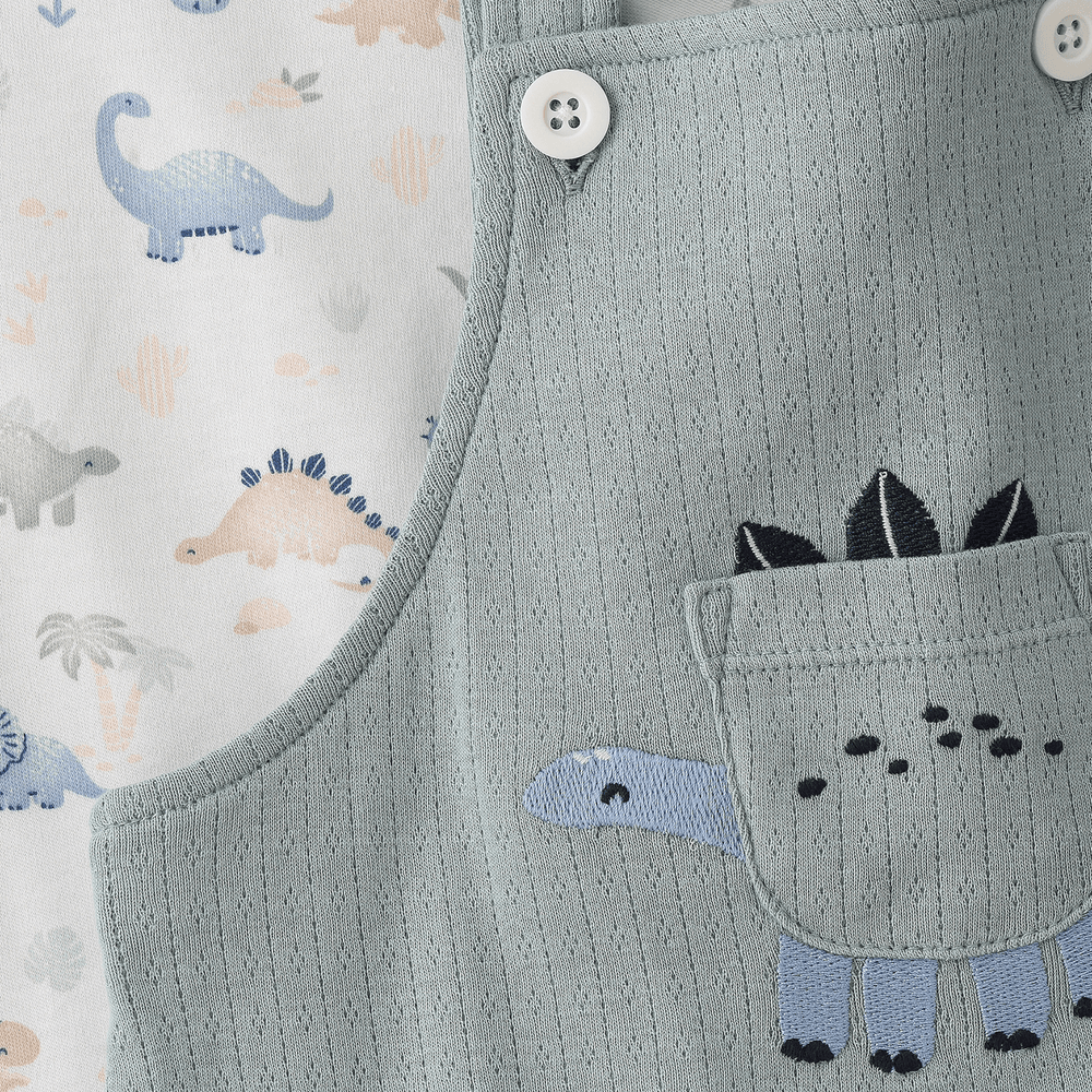 Elegant Kids - Boys' Dinosaur Print T-Shirt & Green Embroidered Romper Set - Green