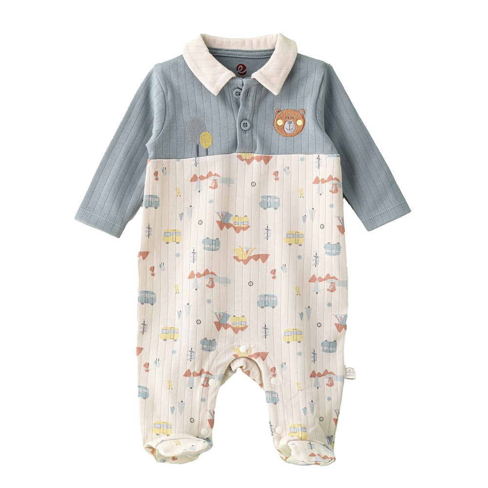 Elegant Kids - Boys' Long Sleeve Camping Print And Bear Embroidery Footed Romper