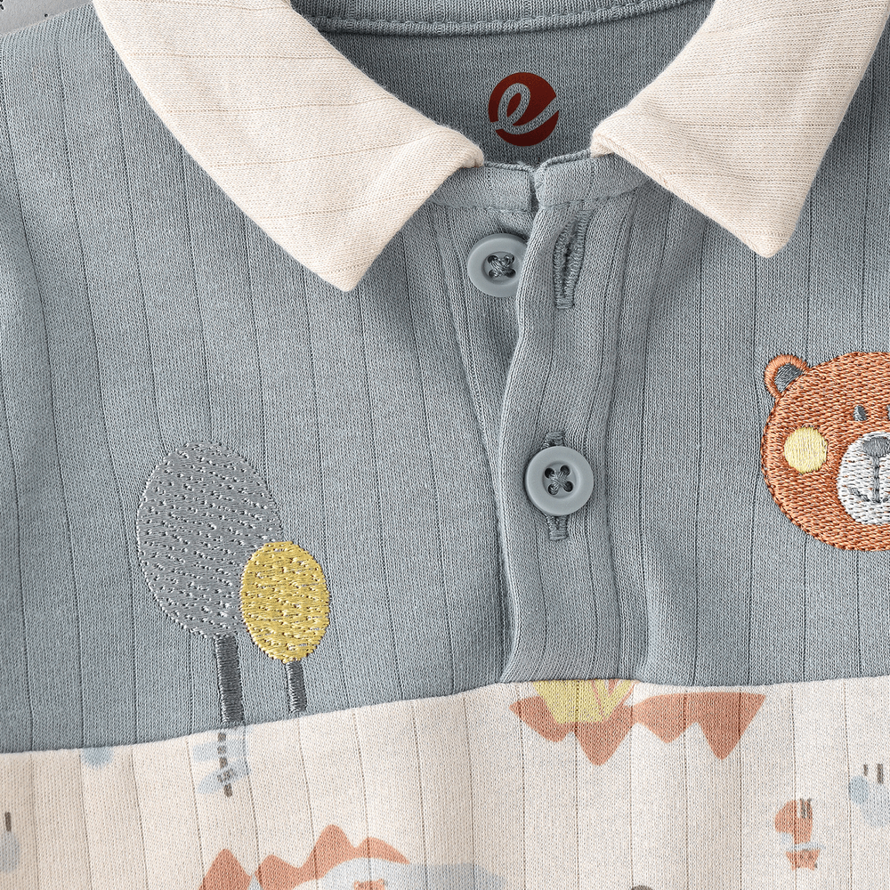 Elegant Kids - Boys' Long Sleeve Camping Print And Bear Embroidery Footed Romper