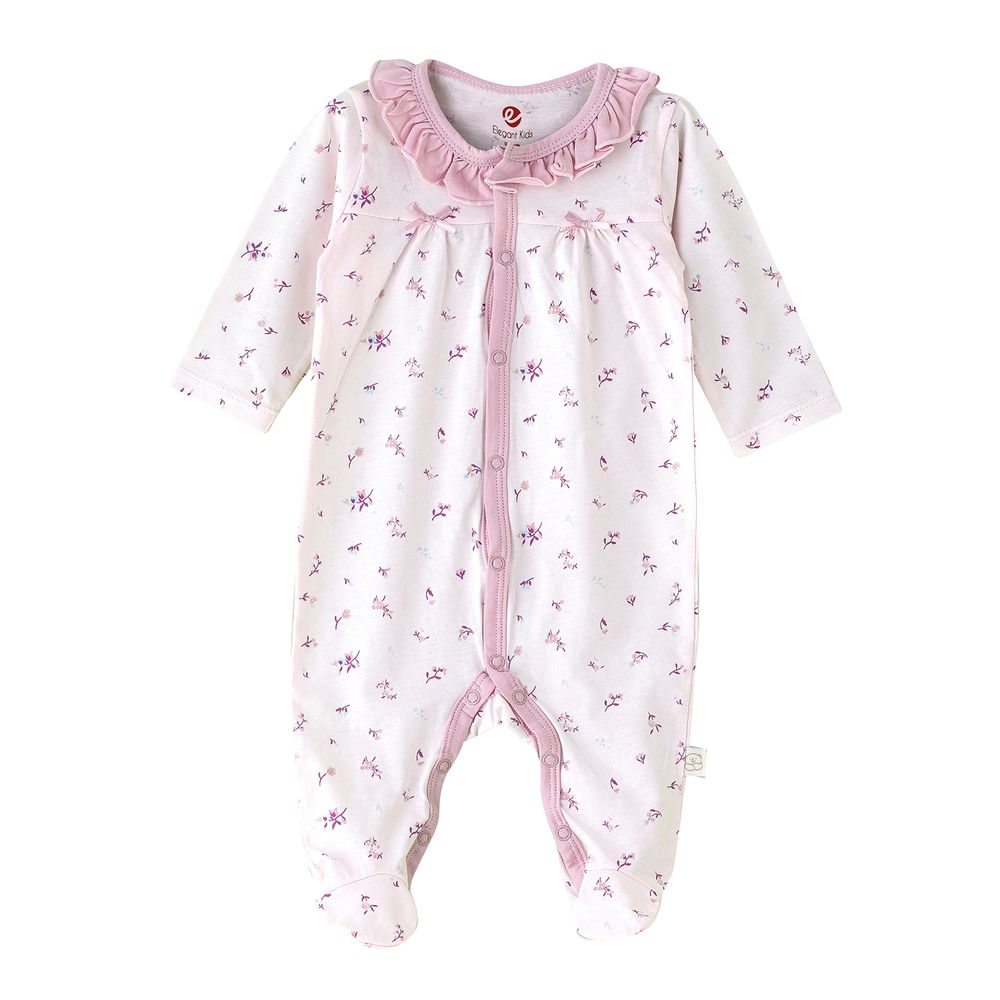 Elegant Kids - Girls' Floral Printed Ruffle Collar Sleepsuit With Snap Closure - Pink
