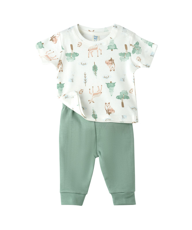 طقم -تايني هاغ- - قطعتان - تيشيرت وبنطال للأطفال الرضع - أبيض/أخضر