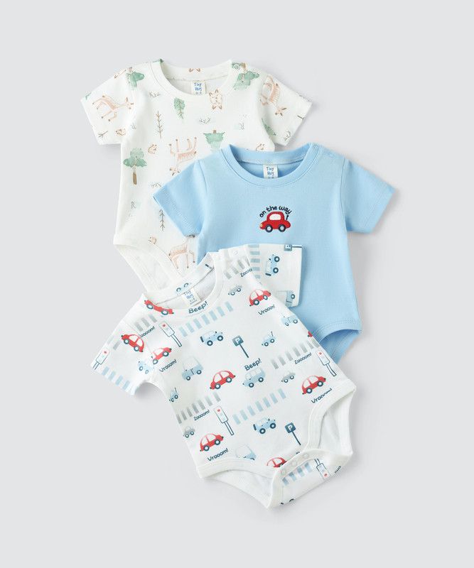 طقم -تايني هاغ- - 3 قطع - رومبير مطبوع للأطفال - أبيض/أزرق