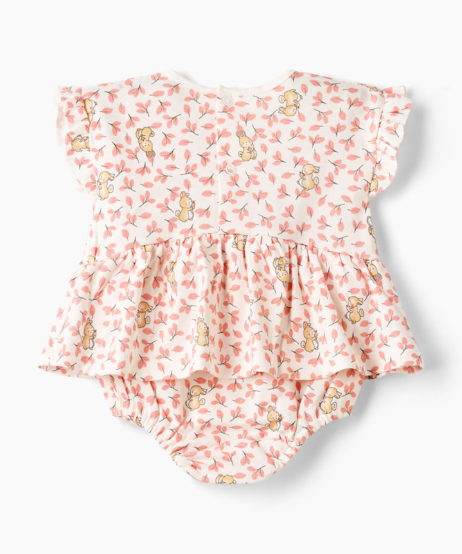 Tiny Hug - Baby Girl's Bunny Printed Dress - White/Pink