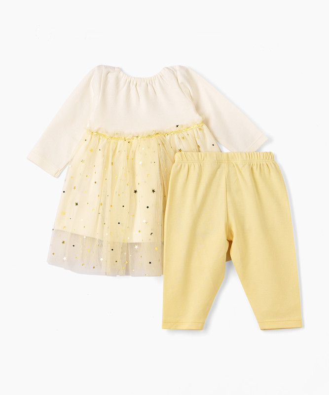 Tiny Hug - Baby Girl's Dress With Pants - White/Yellow
