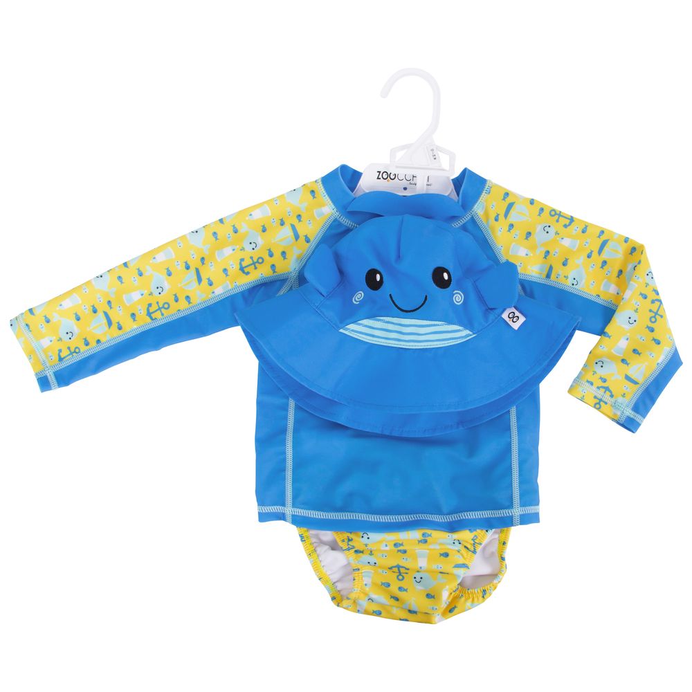 Zoocchini - Baby Swim Set – Rash Guard Top, Swim Diaper & Sun Hat - Whale