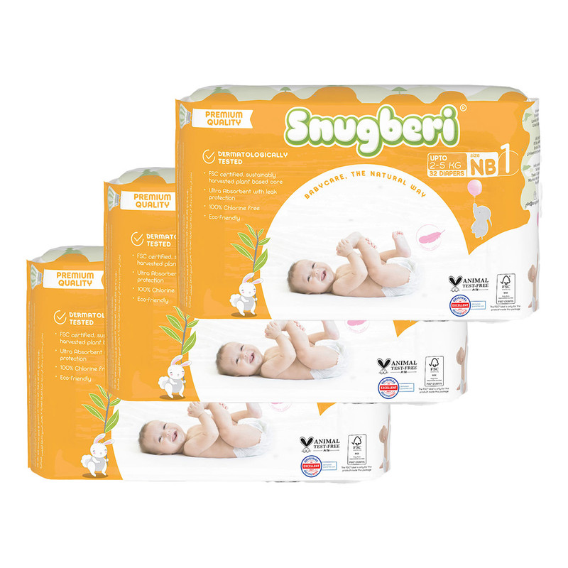 Snugberi - Baby Diaper - Size 1 Newborn - 2-5 kg - Pack Of 3 - 32 Pcs