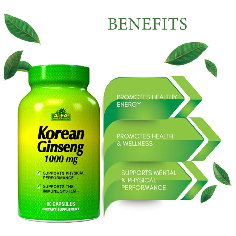 Alfa Vitamins - Korean Ginseng 1000 mg Supplement Capsules - 60 Pcs
