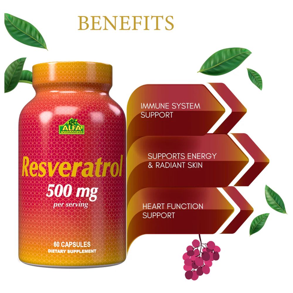 Alfa Vitamins - Resveratrol 500 mg Antioxidant & Anti-Aging Supplement Capsules - 60 Pcs