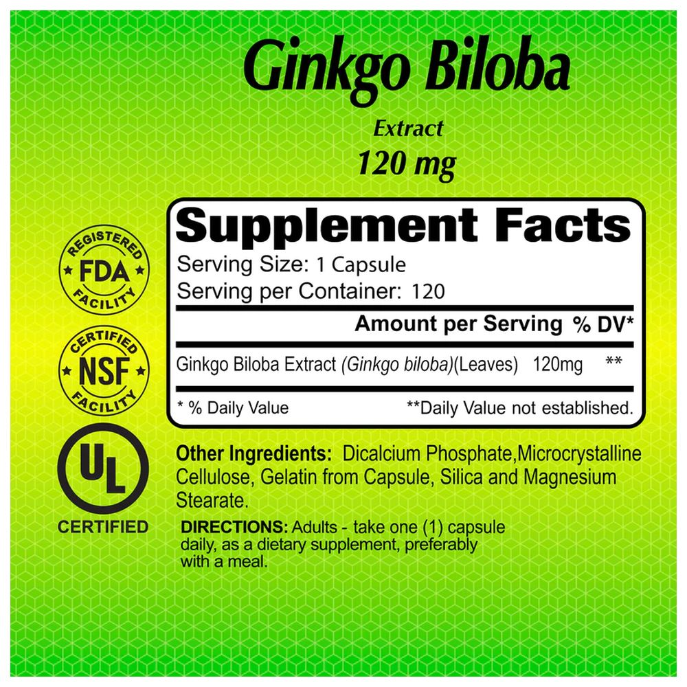 Alfa Vitamins - Ginkgo Biloba 120 mg Brain Function & Memory Support Supplement Capsules - 120 Pcs