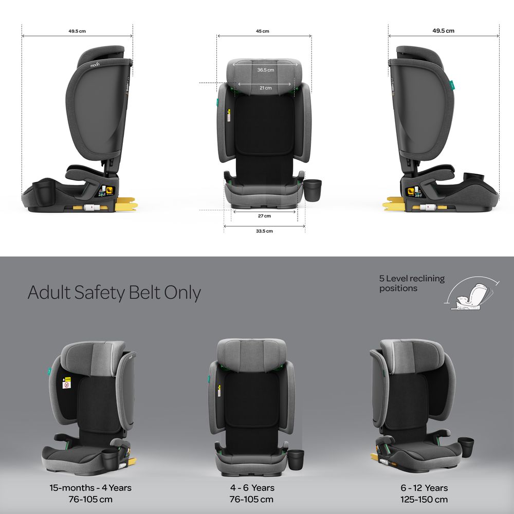 مون - كرسي سيارة للأطفال فولدا جو قابل للطي مع نظام تثبيت أيزوفيكس - رمادي