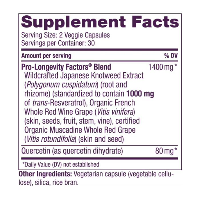 Reserveage - Resveratrol 500 mg Dietary Supplement Veggie Capsules - 30's