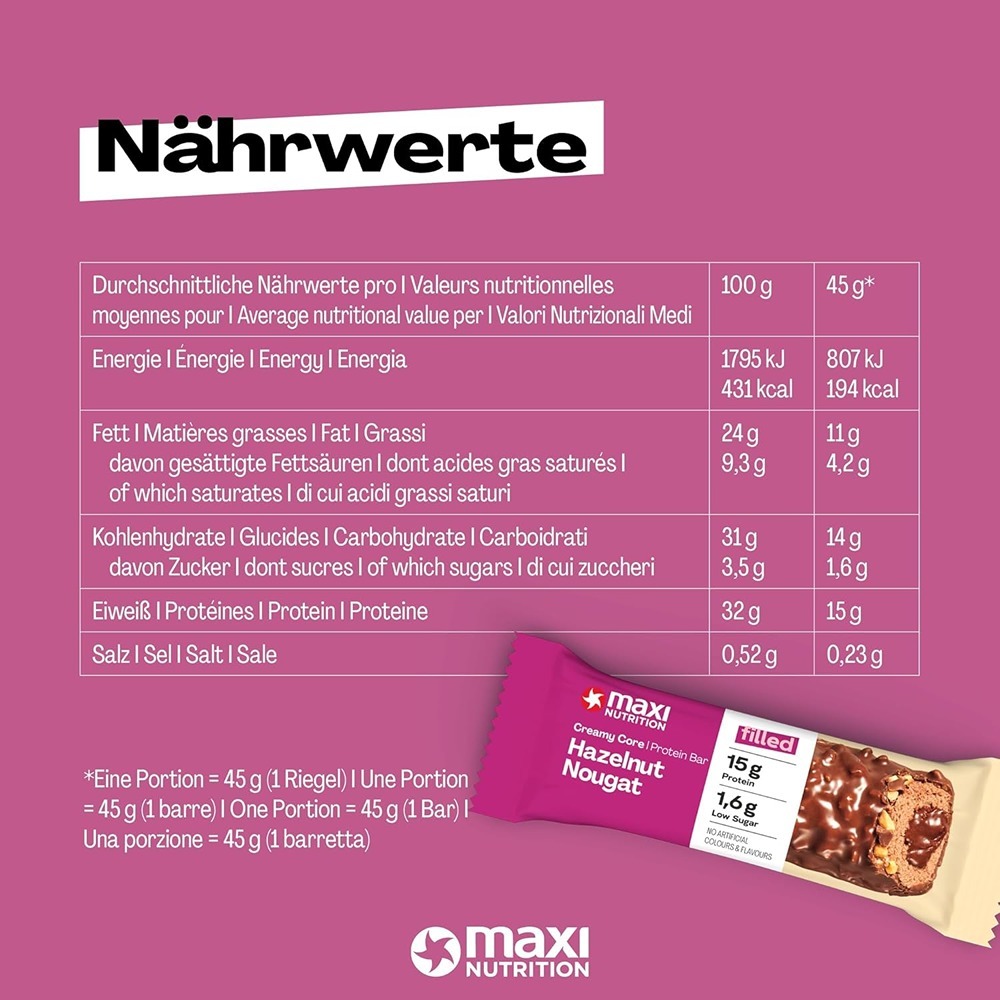 Maxi Nutrition - Hazelnut & Nougat Creamy Core Protein Bar - Pack of 12 - 45 gm
