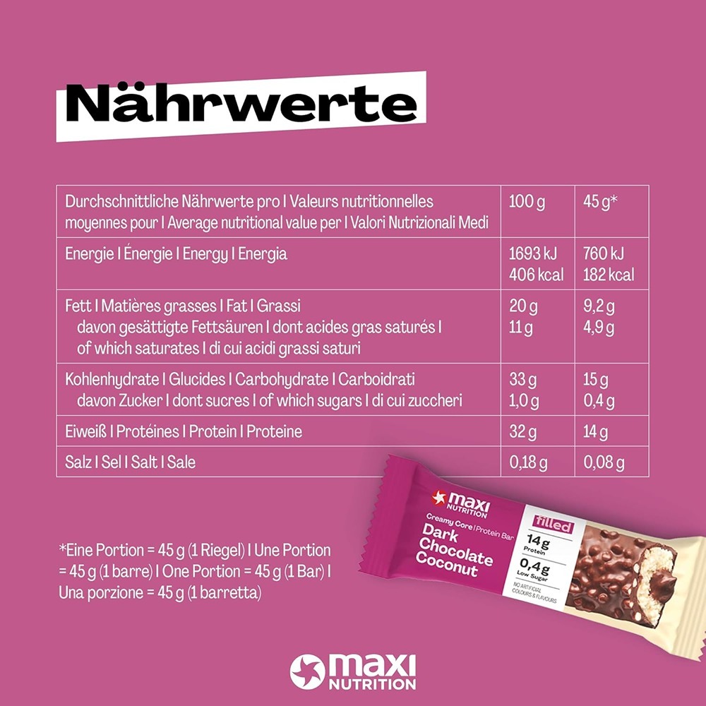 Maxi Nutrition - Dark Chocolate & Coconut Creamy Core Protein Bar - Pack of 12 - 45 gm