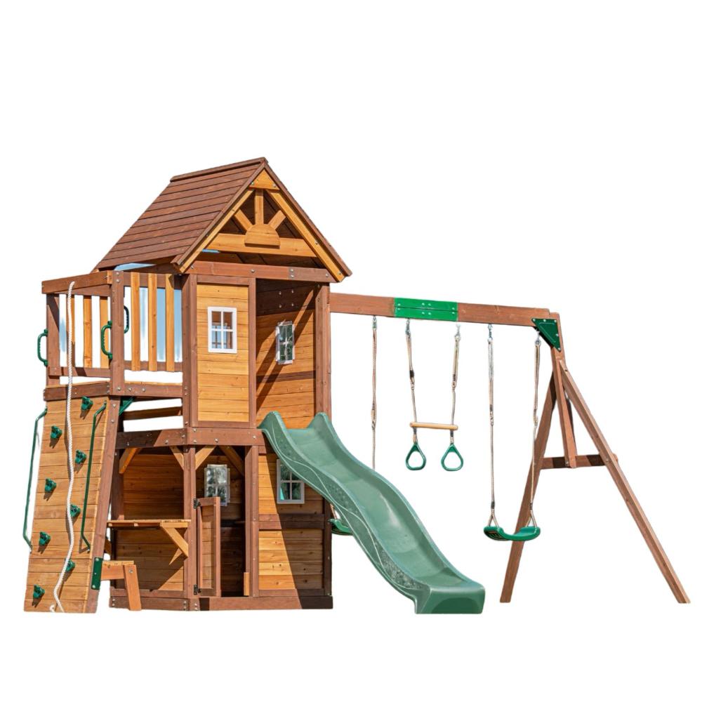 Mount Peak - Kazbek Swing Set And 2 Level Play House With Wooden Roof