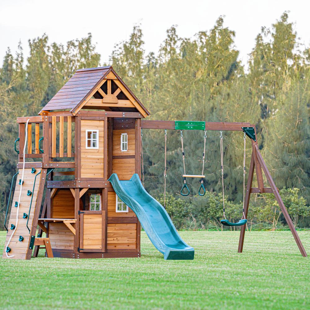 Mount Peak - Kazbek Swing Set And 2 Level Play House With Wooden Roof