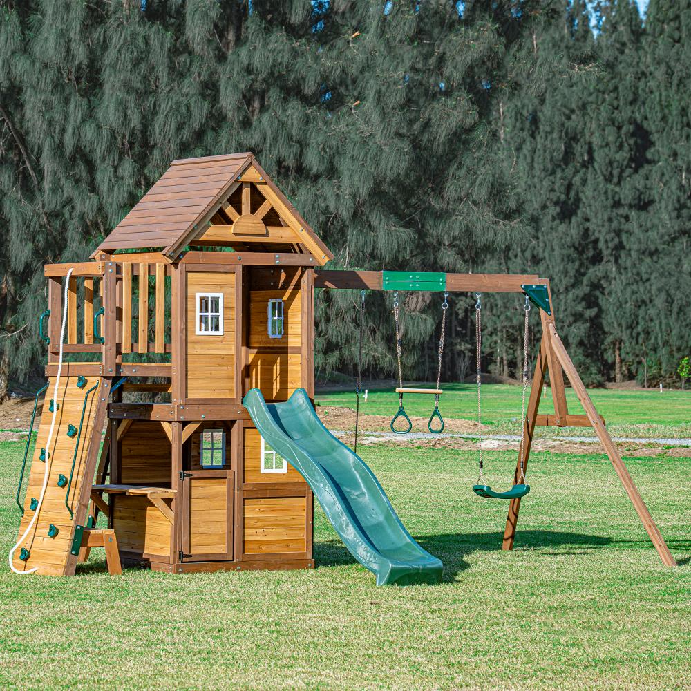 Mount Peak - Kazbek Swing Set And 2 Level Play House With Wooden Roof