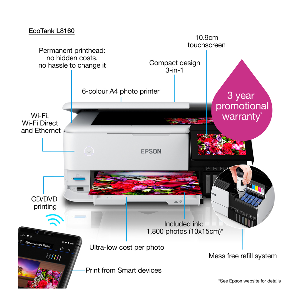 Epson - EcoTank L8160 A4 Photo Printer, 3-in-1, WiFi Connected - White