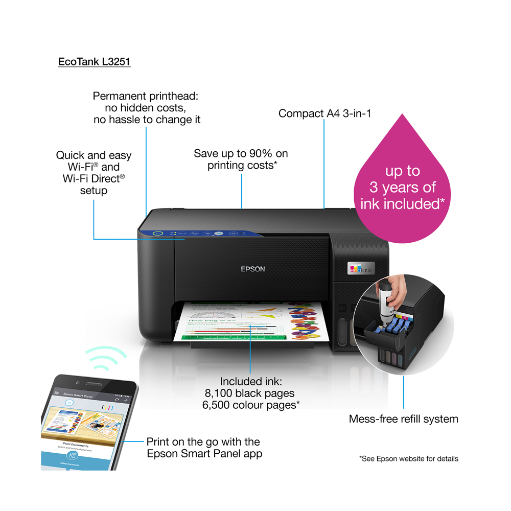 Epson - Ecotank L3251 A4 Colored 3-In-1 Printer With Wifi & SmartPanel App