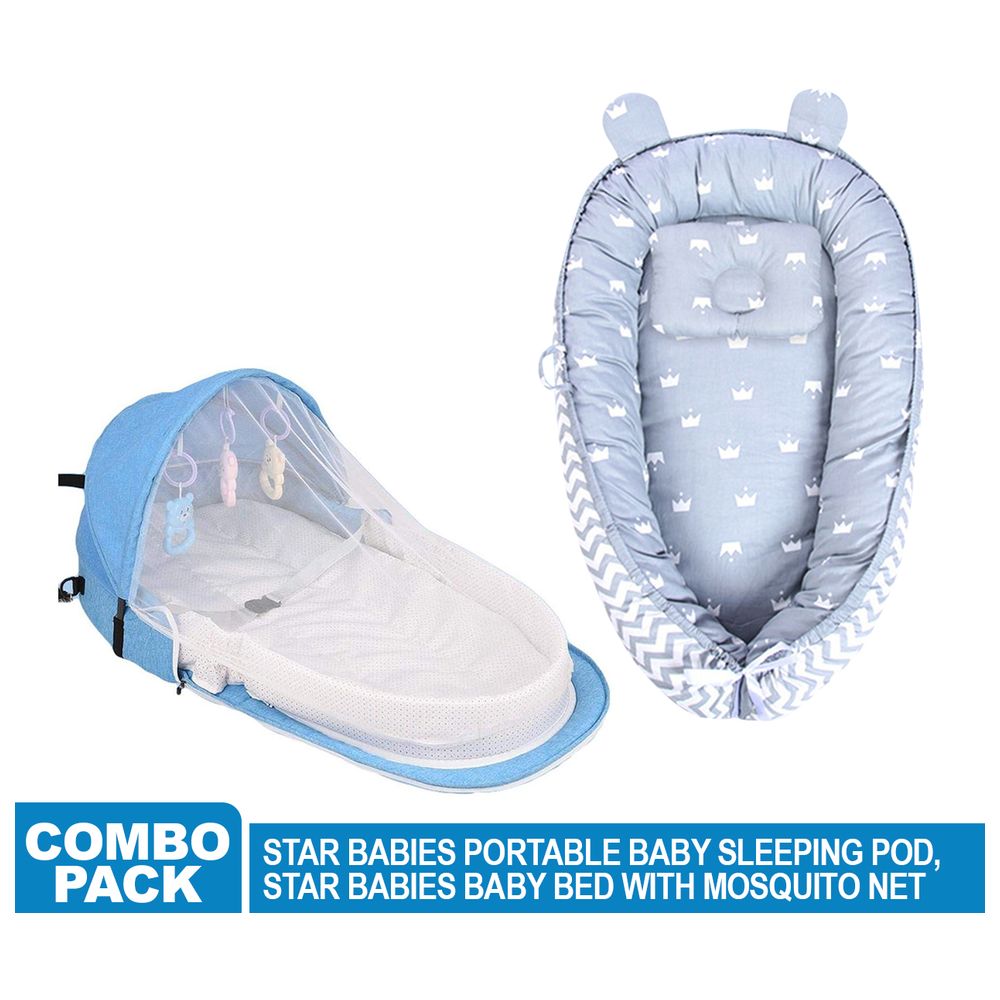 Star Babies Baby Sleeping Pod & Bed With Mosquito Net - Blue/Grey