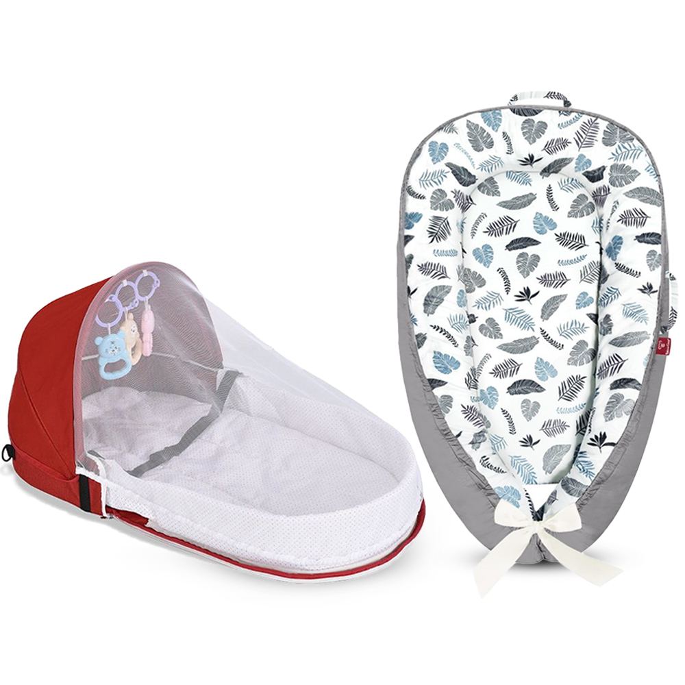 Star Babies - Folding Baby Bed With Mosquito Net & Sleeping Pod Set - Leaves - 2 Pcs