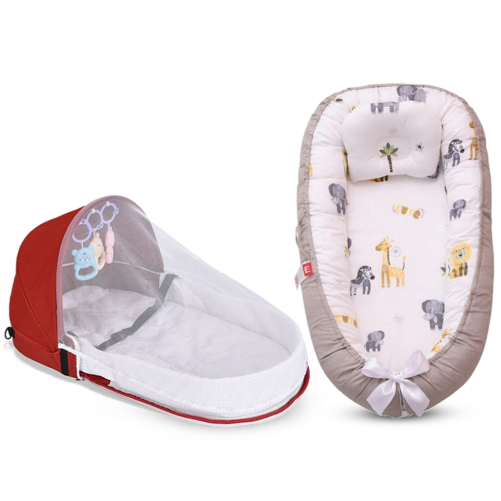 Star Babies - Folding Baby Bed With Mosquito Net & Sleeping Pod Set - Safari - 2 Pcs