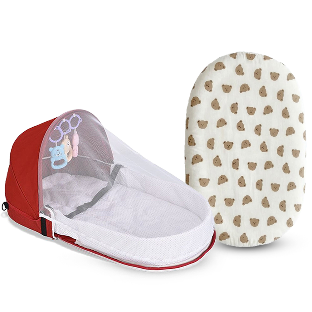 Star Babies - Baby Travel Bed With Mosquito Net & Sleeping Pad Set - Red/White - 2 Pcs