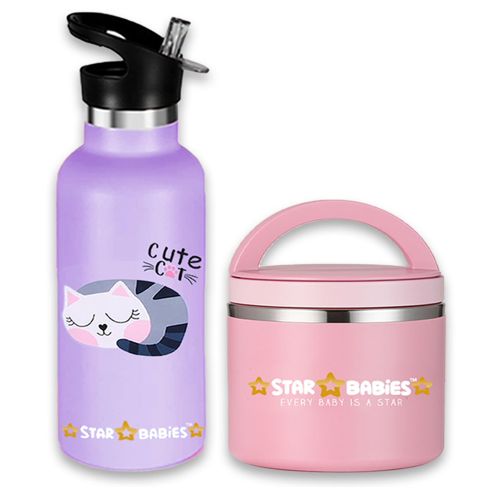 Star Babies - Stainless Steel Water Bottle & Food Jar Set - Cute Cat - 2 Pcs - 500ml