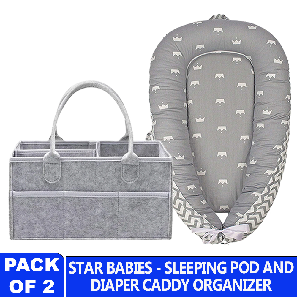 ستار بيبيز - مدس نوم أطفال محمول - رمادي مخطط مع منظم مخطط - رمادي