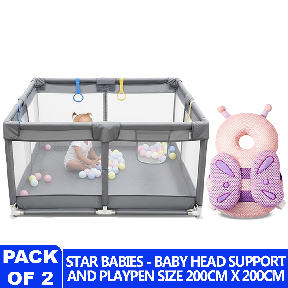 Star Babies Baby Playpen & Butterfly Head Support Pillow Set - Multicolor - 2 Pcs