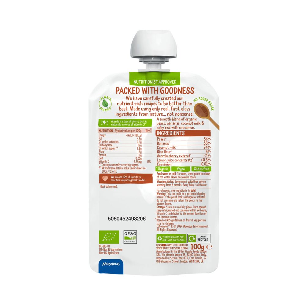 Piccolo - Cocomelon Organic Pear, Banana, Coconut Milk & Rice Baby Food - 100 gm