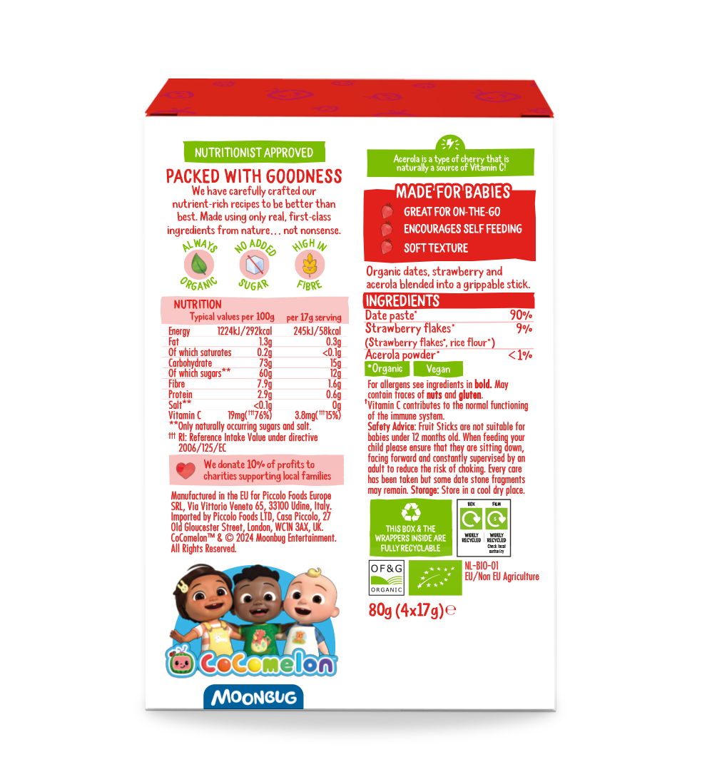 Piccolo - Cocomelon Organic Strawberry, Apple, Date Fruit Sticks - Pack of 4 - 17 gm