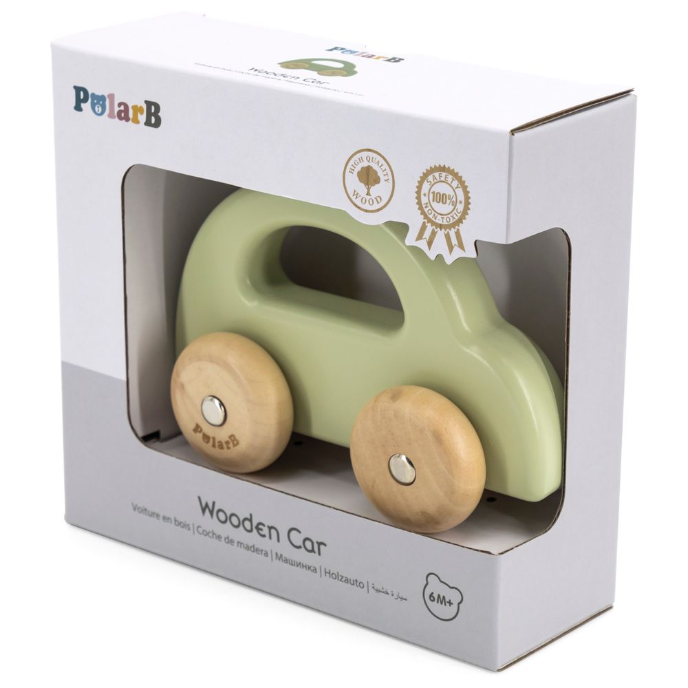 PolarB - Wooden Car Push and Pull Toy Natural Wood Pastel Tones - Green