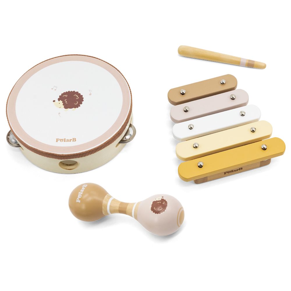 مجموعة موسيقى خشبية على شكل قنفذ من بولار بي مع دف، ماراكاس، وزيلوفون