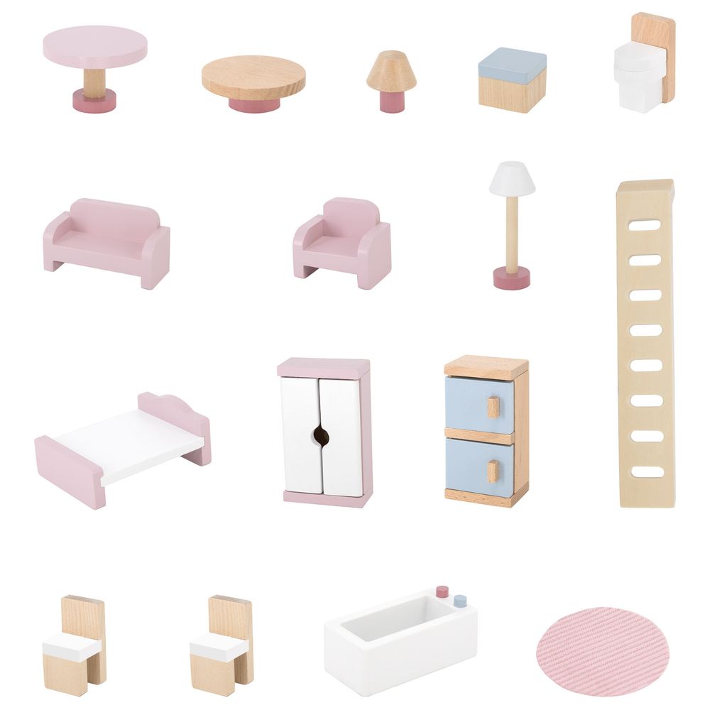 بولار بي - بيت دمى خشبي من طابقين - 16 قطعة - طقم أثاث بألوان الباستيل