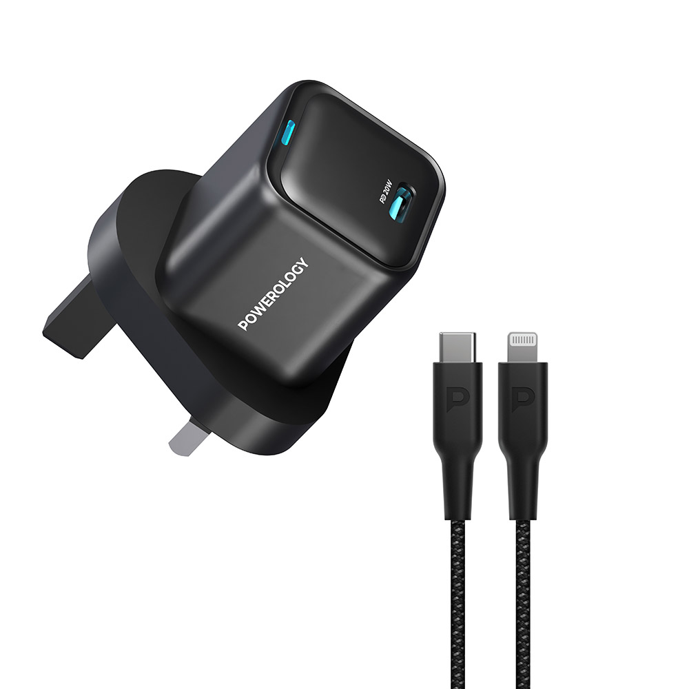 Powerology - Ultra-Compact Gan Charger With USB-C To Lightning Cable - Black - 20 W