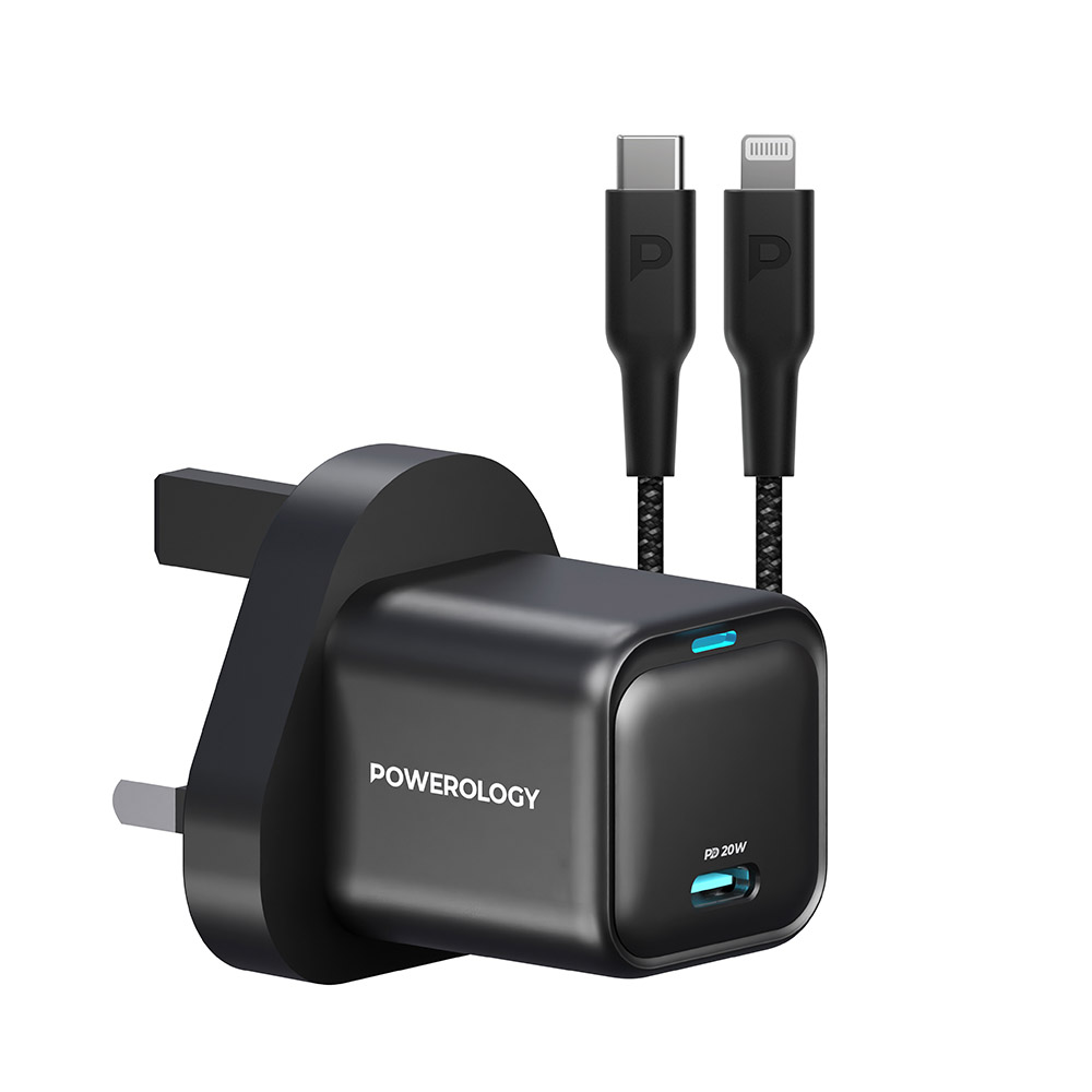 Powerology - Ultra-Compact Gan Charger With USB-C To Lightning Cable - Black - 20 W