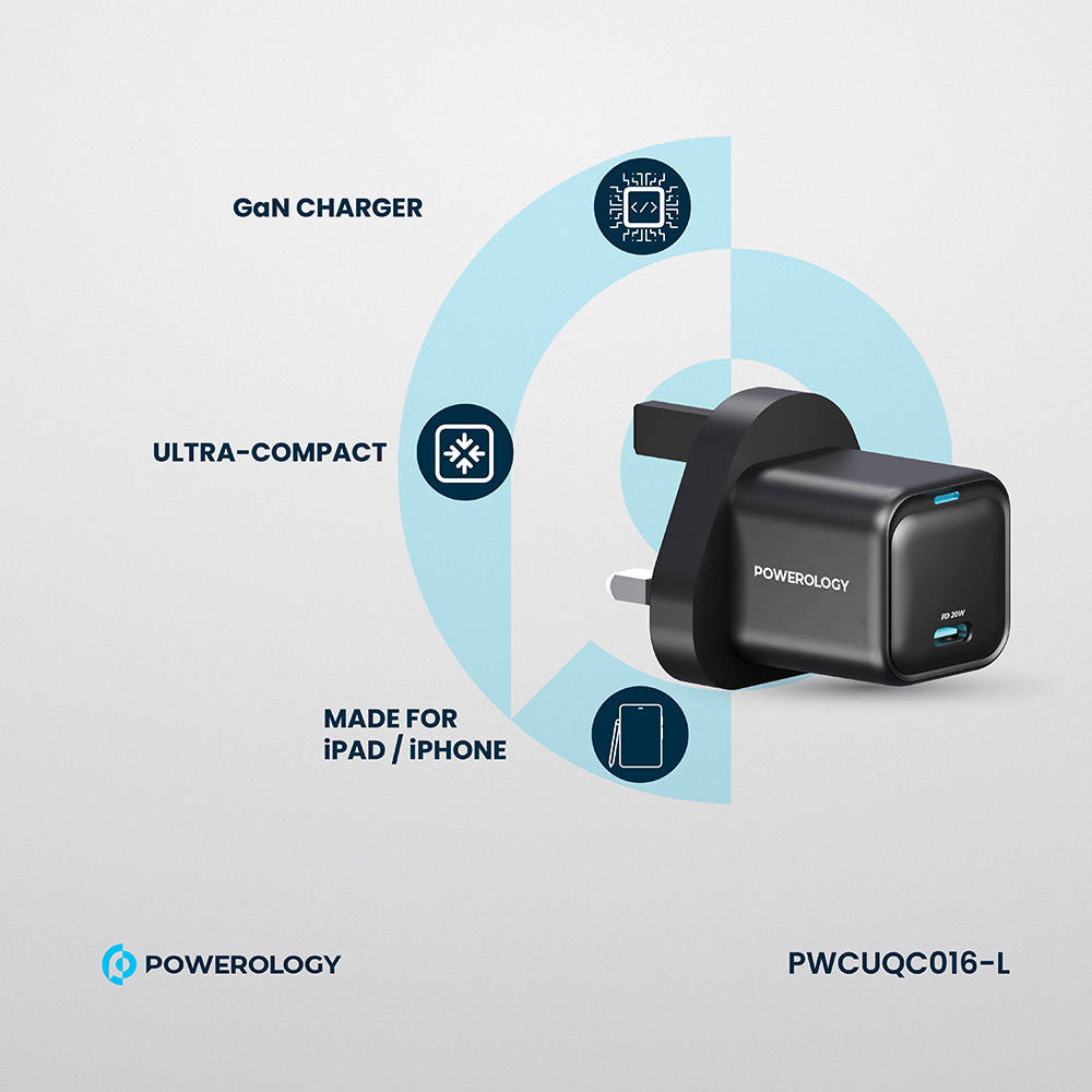 Powerology - Ultra-Compact Gan Charger With USB-C To Lightning Cable - Black - 20 W