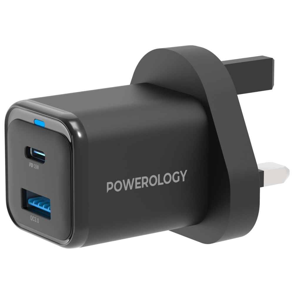 Powerology - Super Compact Quick Charger With USB-C To Lightning Braided Cable - Black - 35 W