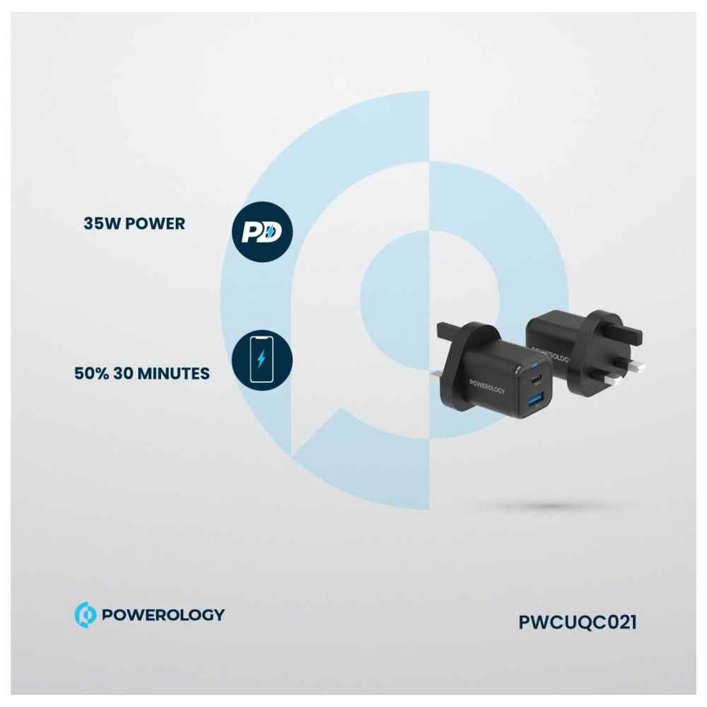 Powerology - Super Compact Quick Charger With USB-C To Lightning Braided Cable - Black - 35 W