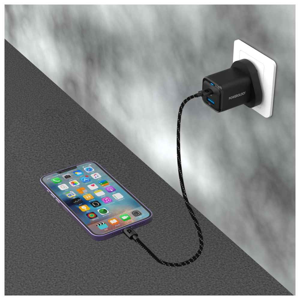 Powerology - Super Compact Quick Charger With USB-C To Lightning Braided Cable - Black - 35 W