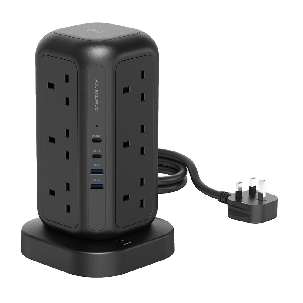 Powerology - Gan Tower Hub With 12 AC Sockets - Black - 3250 W
