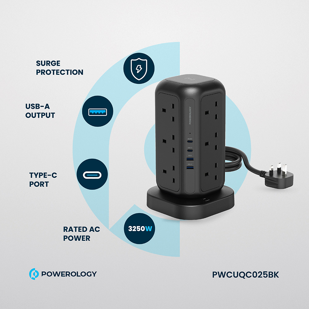 Powerology - Gan Tower Hub With 12 AC Sockets - Black - 3250 W