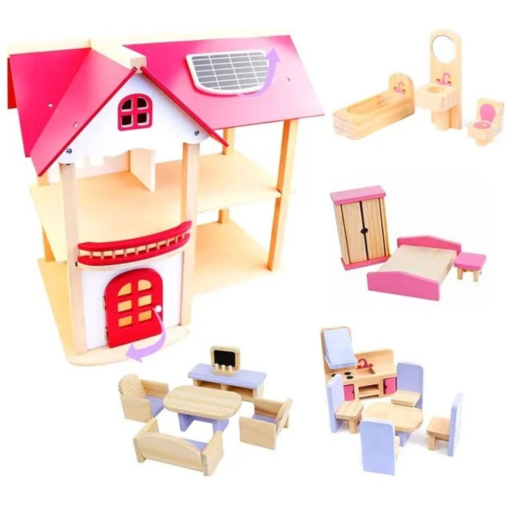 Little Learners - Autumn Villa Wooden Dollhouse With Furniture - Pack Of 44