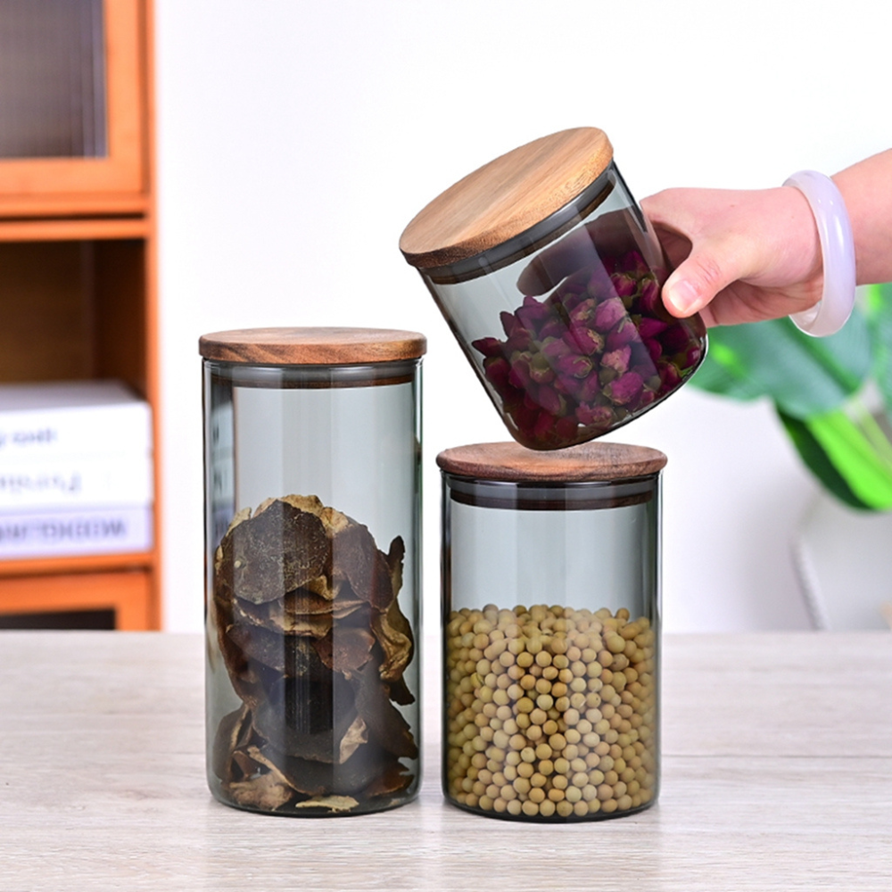 1chase - Borosilicate Glass Storage Jar - 600ml - 900ml - 1300ml - 3pc Set - Smoky Grey