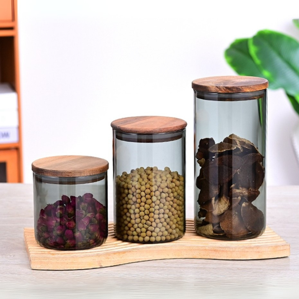 1chase - Borosilicate Glass Storage Jar - 600ml - 900ml - 1300ml - 3pc Set - Smoky Grey