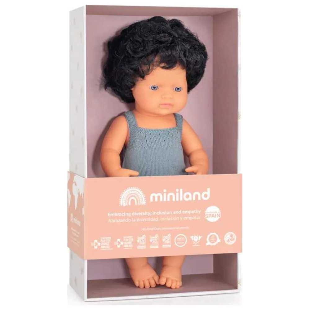 Miniland Educational - Caucasian Curly Black Hair Baby Doll - Grey Rompers - 38 cm